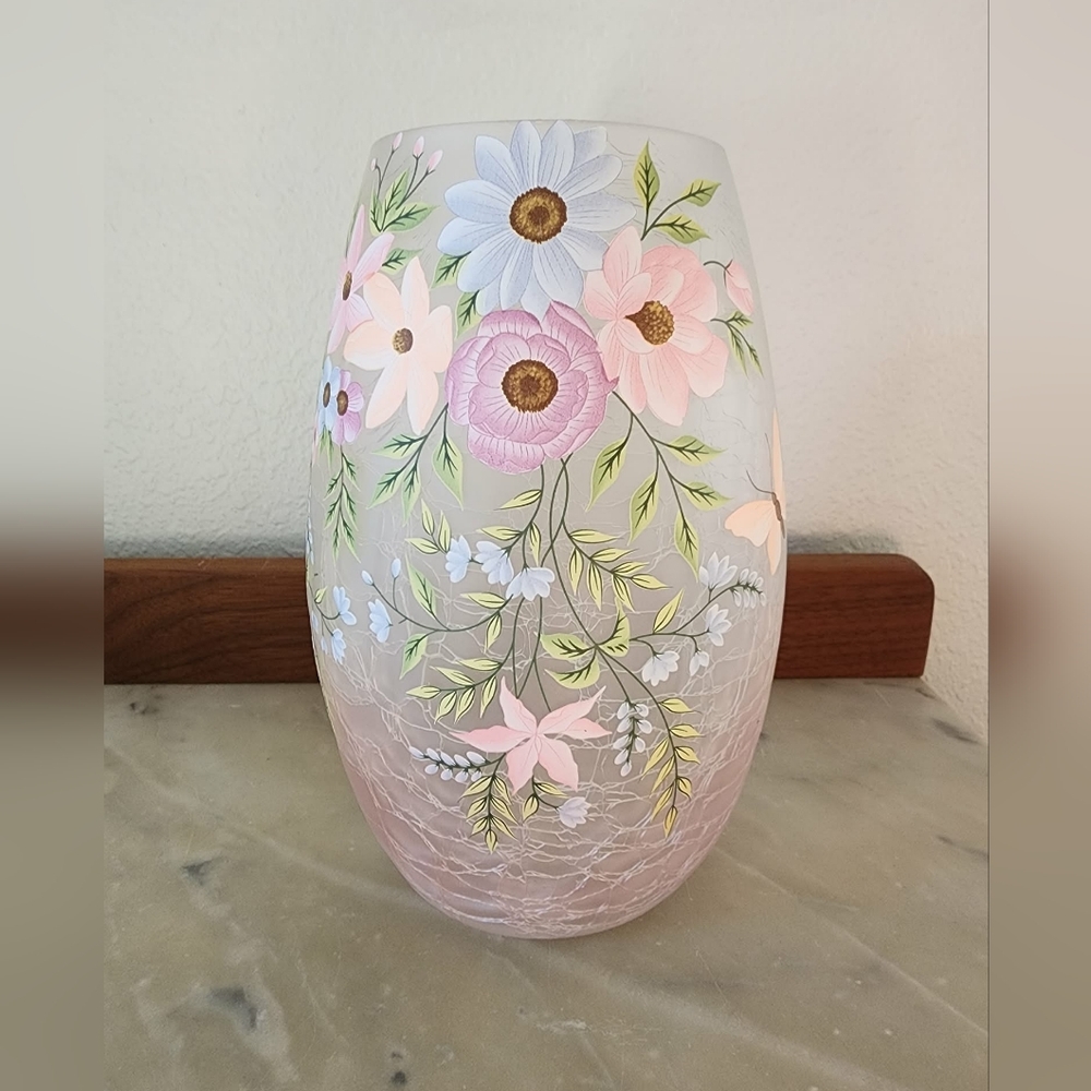 Springtime Floral Frosted Glass Vase Or Hurricane